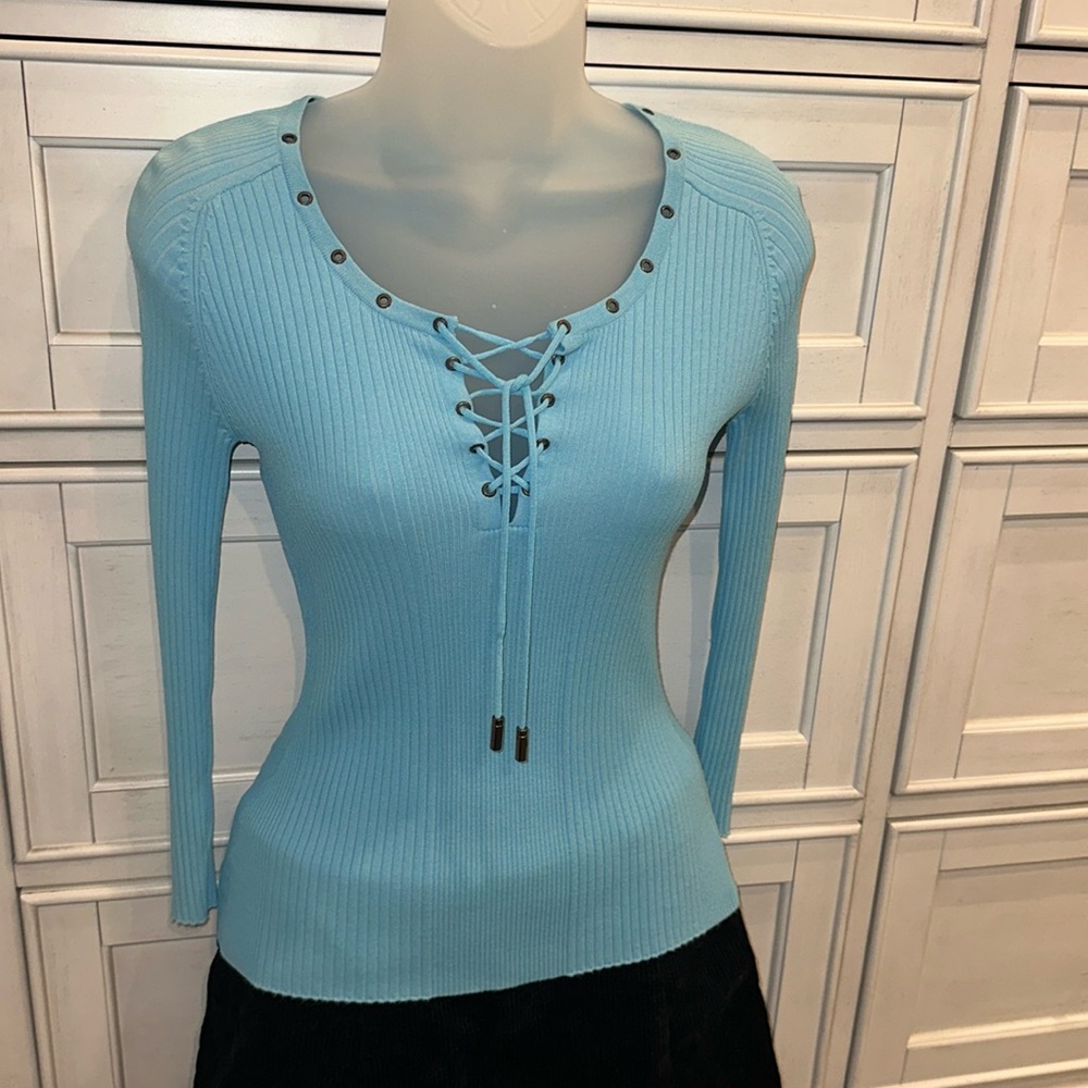 Cache Blue Long Sleeve Ribbed Blouse with Tie Front